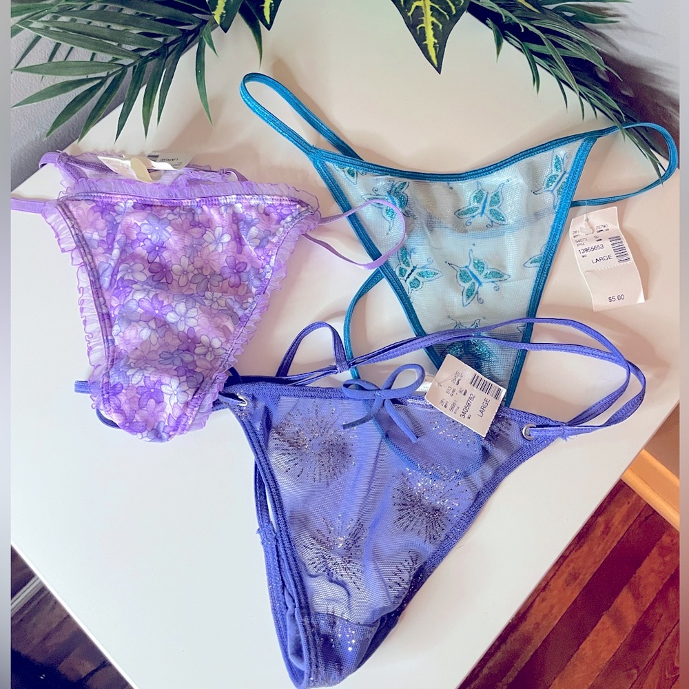 Blue, Purple, Pink Thong Panties Set with Delicate Design